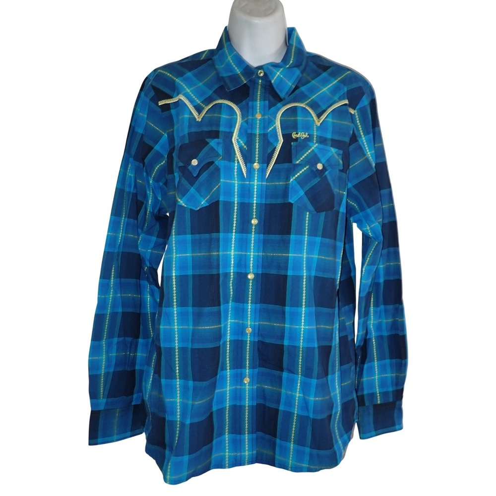 Cruel Girl Womens Western Plaid Pearl Snap Shirt Blue XL Rodeo Equestrian